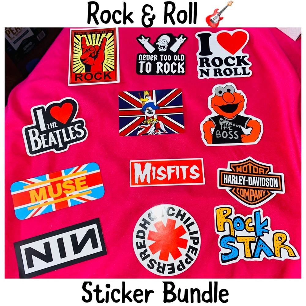 Rock & Roll Mix/Theme Water Bottle- Laptop Sticker Bundle of 12